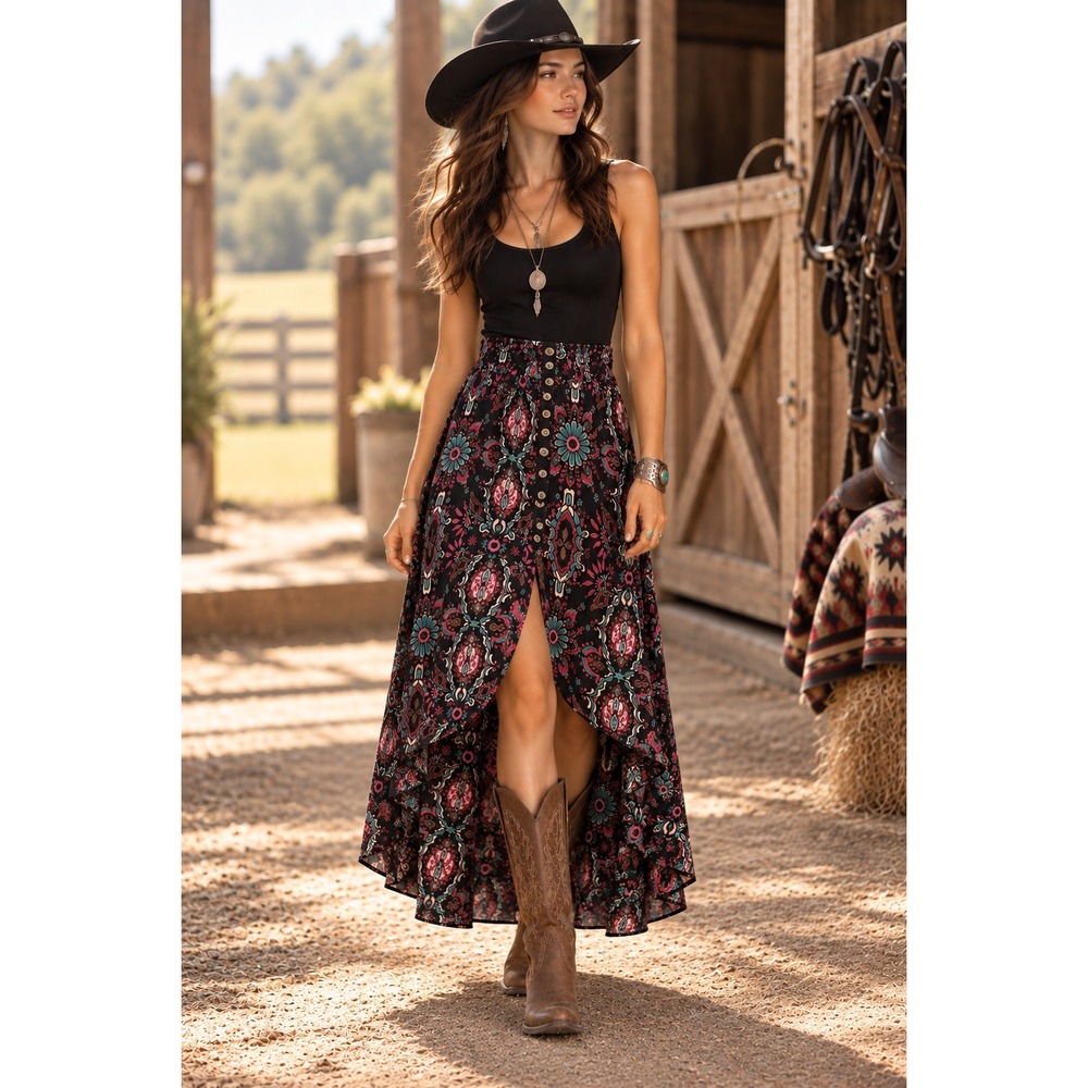 Boot Barn Shyanne Floral Button Front High Low Maxi Skirt Western Boho XS